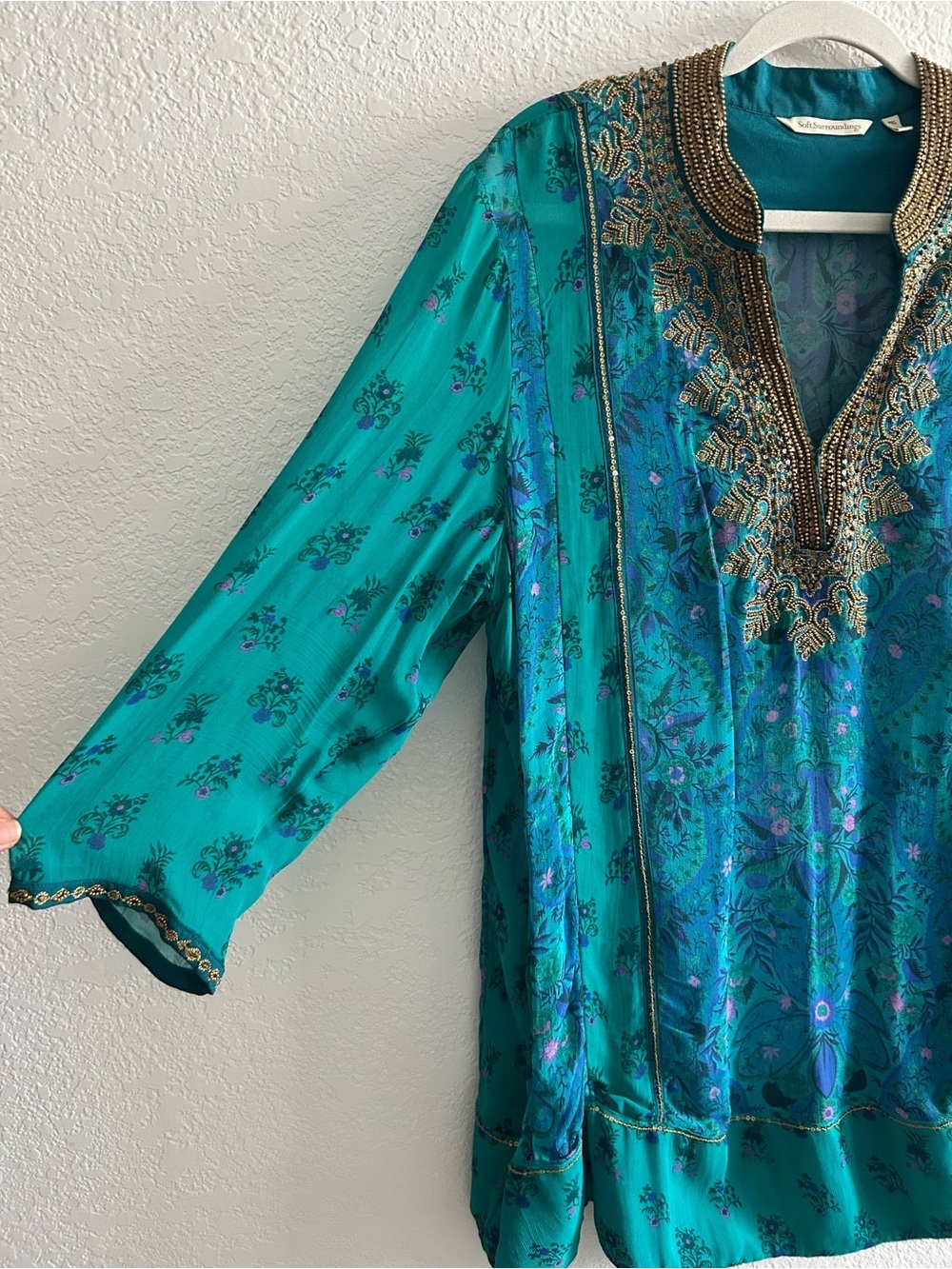 Soft Surroundings Boho Blue Green V-neck Embellished Bronte Tunic Blouse Top - Picture 7 of 11